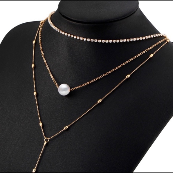 3 lather rhinestone pearl teardrop choker necklace - Picture 4 of 8